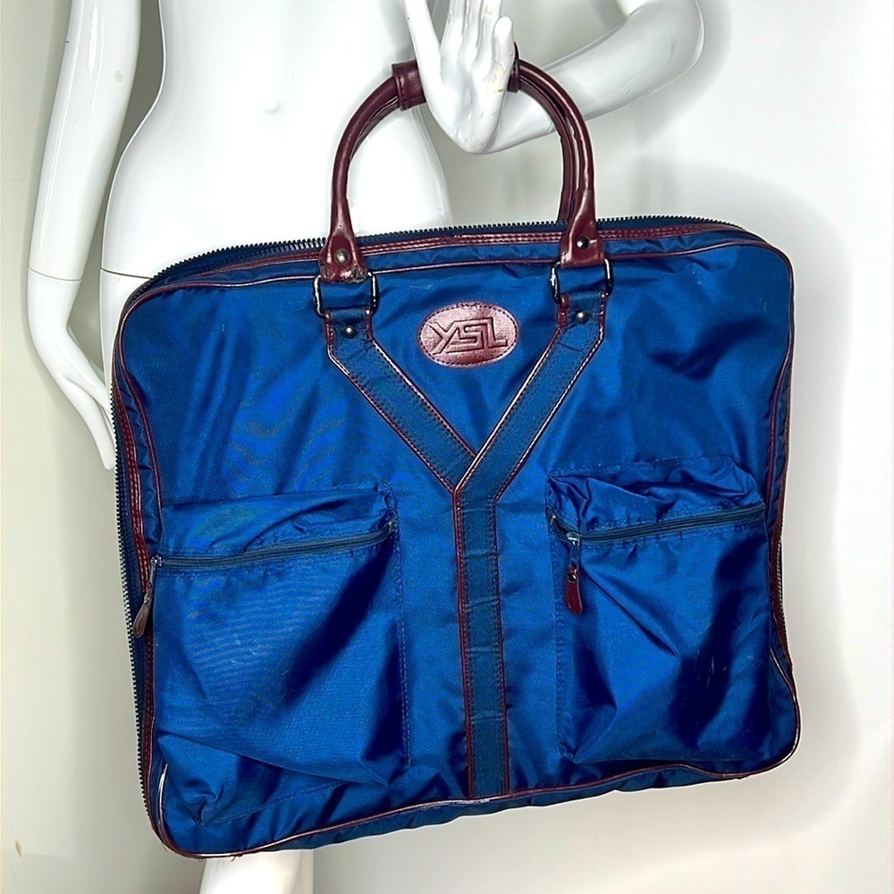YSL Yves Saint Laurent 1970’s Blue Nylon Logo Folding Zip Around Garment Bag